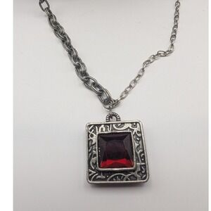 Chunky Chain Pendant Necklace Red Square Stone Silver Tone 50" Long Gothic
